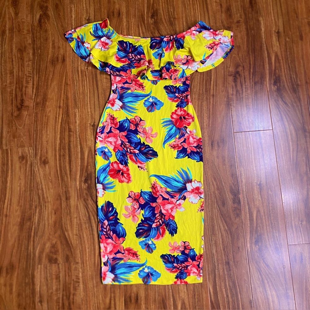 Hello Miss Yellow Tropical Floral Ruffle Off Shoulder Bodycon Dress Size XS Boho